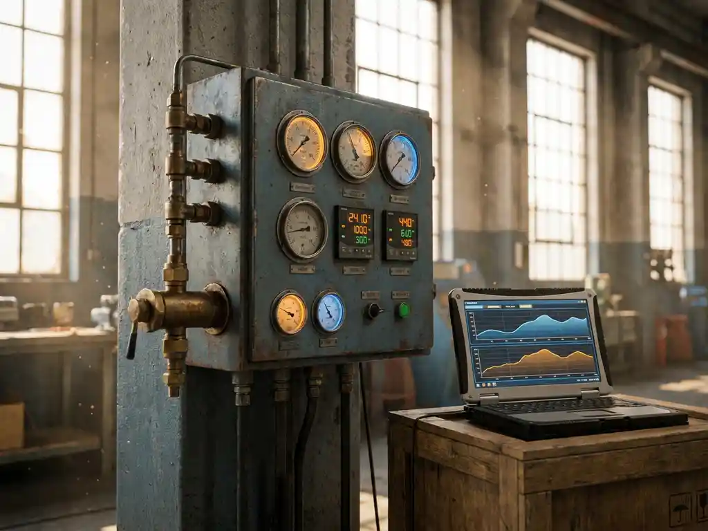 Industrielles Steuerungspanel mit leuchtenden Druckanzeigen auf Fabrikboden, daneben Laptop mit Echtzeit-Datenkurven, warmes Lagerhauslicht.
