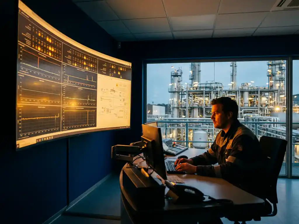 Techniker im Kontrollraum überwacht industrielles Dashboard mit Echtzeit-Maschinenstatus und leuchtenden Warnanzeigen in Bernsteinfarbe.
