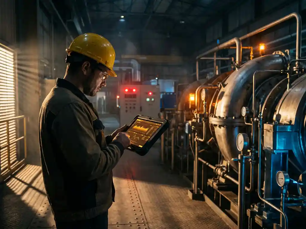 Techniker mit Schutzhelm analysiert Sensordaten auf Industrie-Tablet neben laufender Turbine in Fabrikhalle.