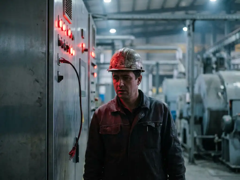 Techniker mit Schutzhelm vor Industriesteuerpanel mit roten Warnleuchten und losem Ethernet-Kabel, ausgefallenes Remote-Monitoring-System.