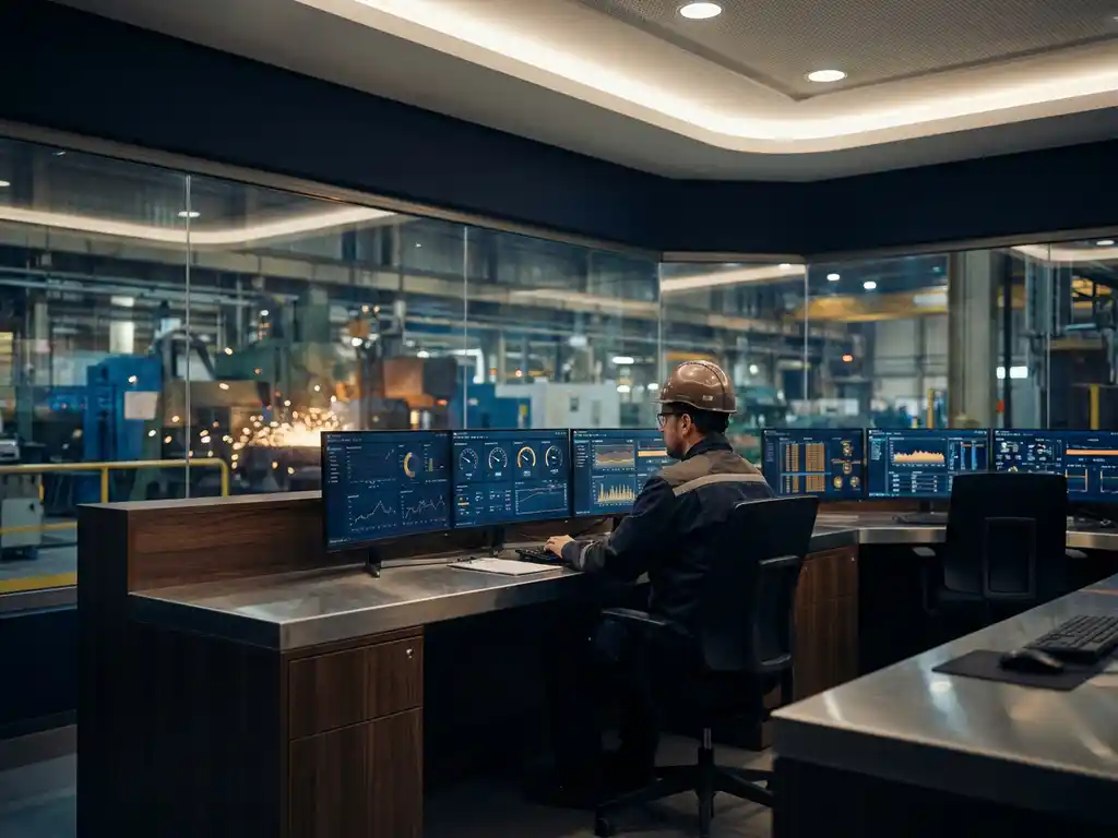 Techniker mit Schutzhelm überwacht Industriemaschinen in modernem Kontrollraum mit Echtzeit-Displays und Blick auf Fabrikhalle.