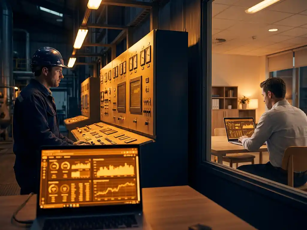 Techniker mit Schutzhelm an leuchtenden Industriepanelen, während ein Ingenieur dieselben Maschinendaten remote auf einem Laptop überwacht.