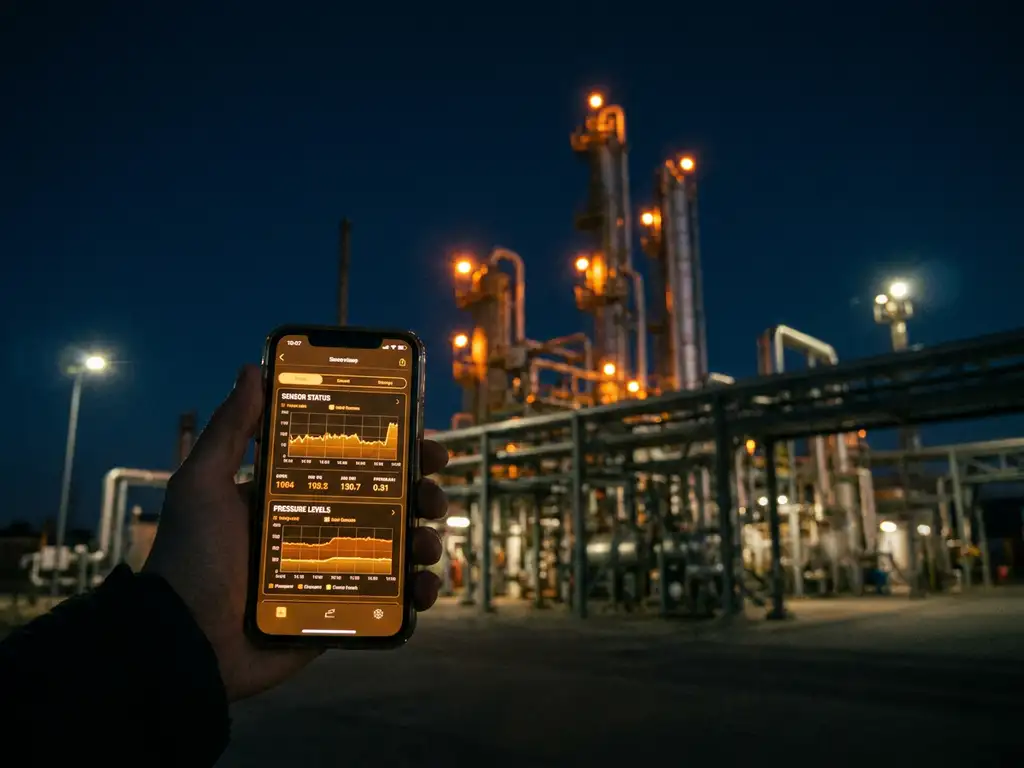 Hand hält Smartphone mit Sensor-Dashboard vor nächtlicher Industrieanlage mit Warnleuchten und beleuchteten Rohren.