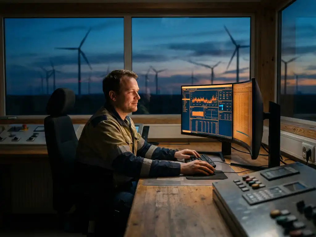 Techniker im Kontrollraum überwacht Industriedaten auf gebogenem Bildschirm, Windpark bei Abenddämmerung im Hintergrund sichtbar.