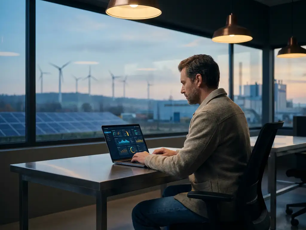 Techniker überwacht Windturbinen, Solaranlage und Fabrikmaschinen per Laptop mit Live-Sensordaten im Kontrollraum.