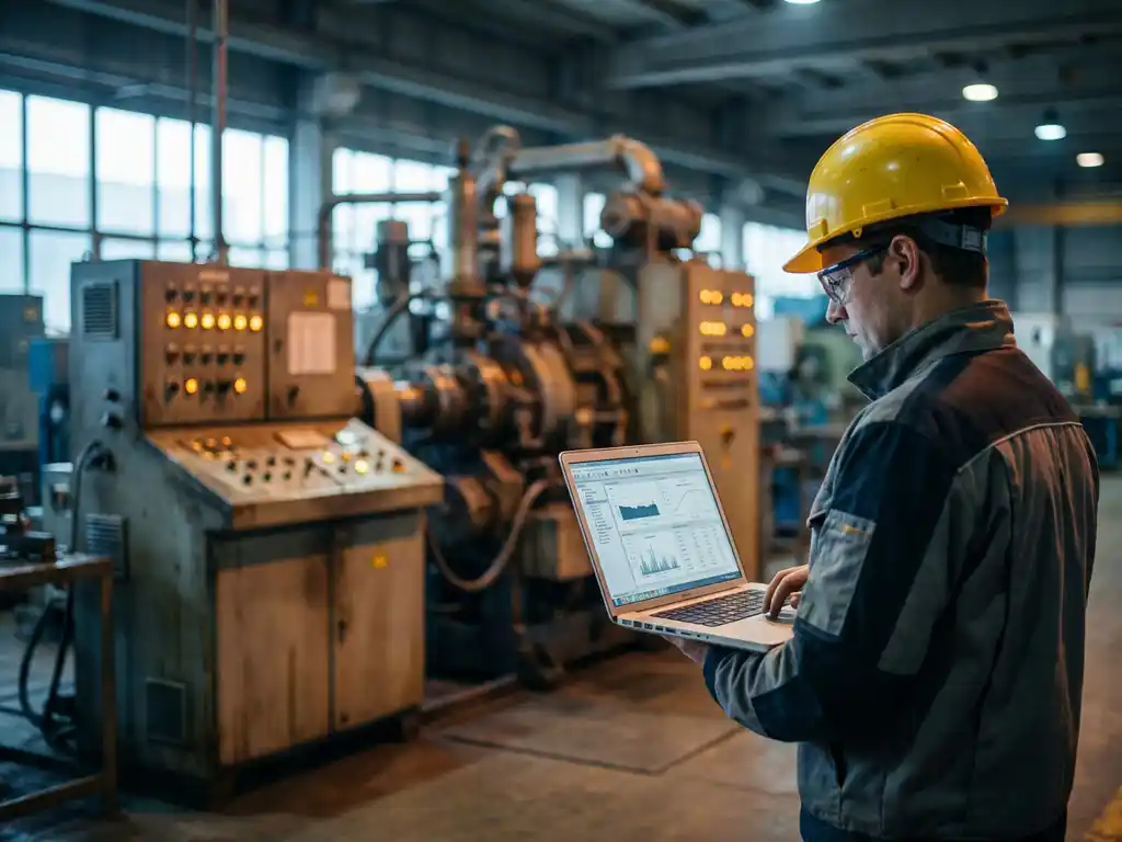 Techniker mit Schutzhelm überwacht Industriemaschinendaten auf Laptop, Kontrollpanele mit Bernstein-Lichtern im Hintergrund.