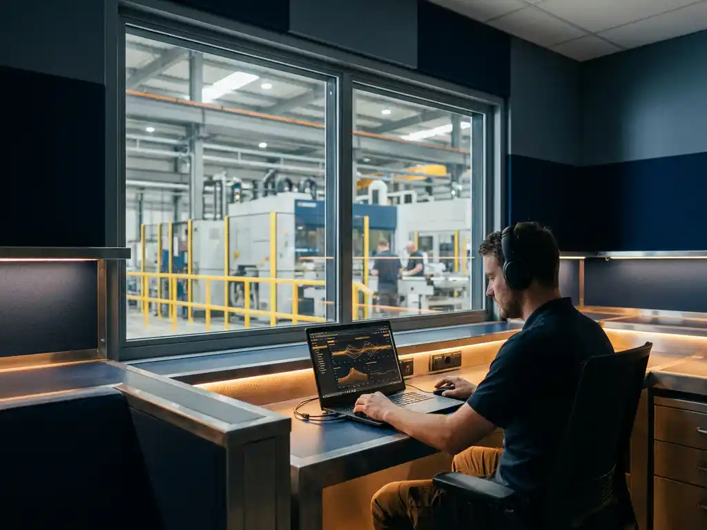 Techniker überwacht Industriemaschinen per Laptop in modernem Kontrollraum mit Blick auf Fabrikhalle und Echtzeit-Sensordaten.