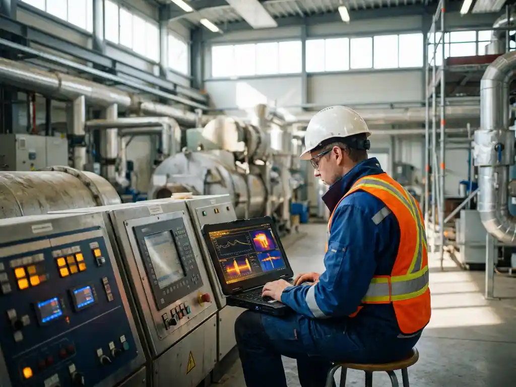Techniker mit Schutzhelm überwacht leuchtende Industriesteuerungen per Laptop in moderner Fabrikhalle mit Rohrleitungen im Hintergrund.