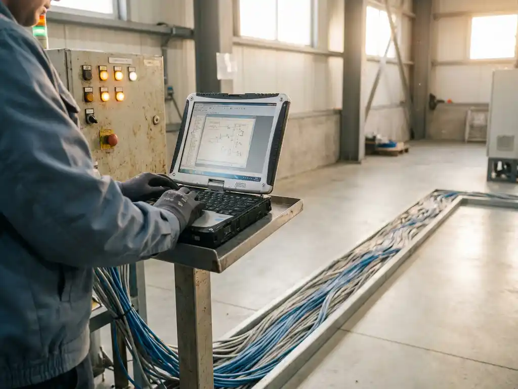 Techniker bedient Industrie-Laptop an Steuerungspanel mit Statusanzeigen und verlegten Ethernet-Kabeln auf sauberem Fabrikboden.