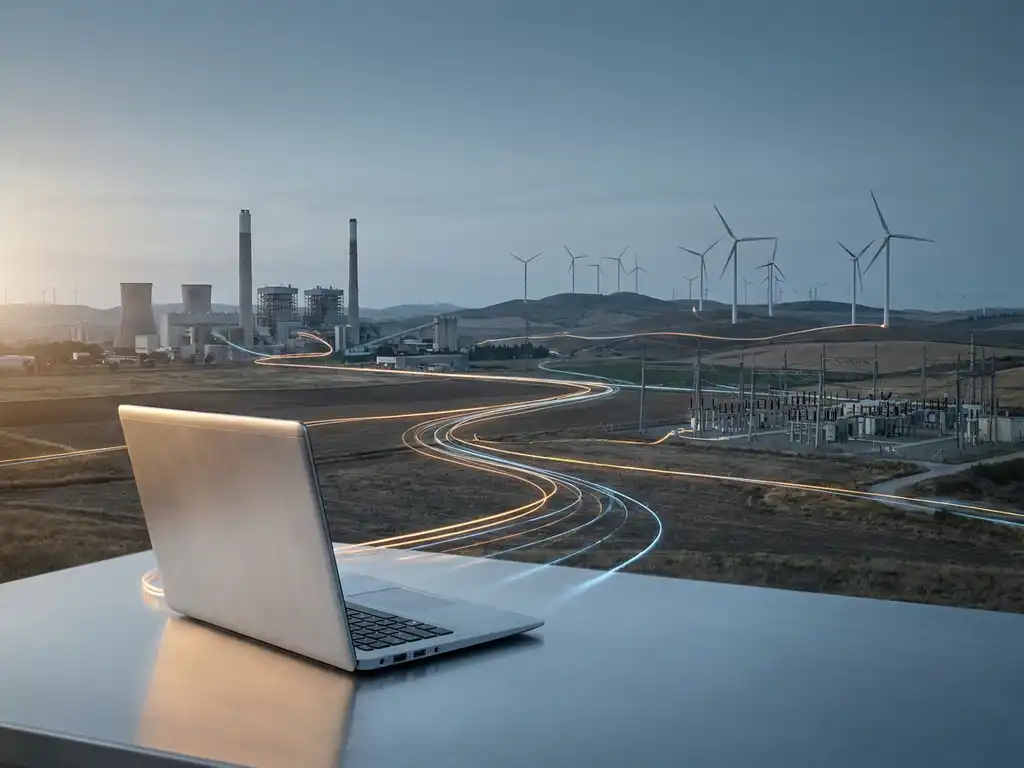 Industrieanlagen mit Windturbinen und Umspannwerken, verbunden durch leuchtende Datenleitungen zu einem Laptop im Vordergrund.