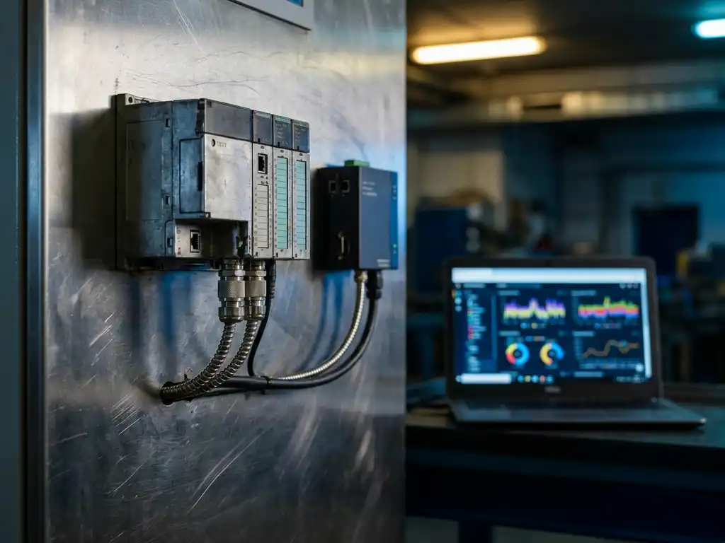 Industrielle SPS-Steuerung mit Edge-Gateway-Gerät auf Schaltschrankpanel, im Hintergrund Laptop mit Prozess-Dashboard.