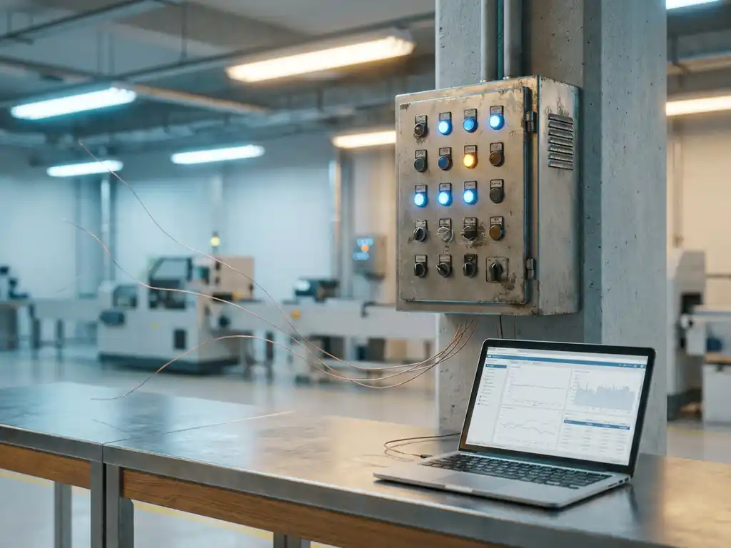 Industrielles Steuerungspanel mit leuchtenden Statusanzeigen, per Laptop auf sauberem Fabrikboden fernüberwacht.