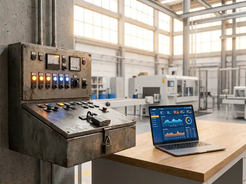 Industrielles Steuerungspanel mit leuchtenden Statusanzeigen, Laptop mit Prozessdaten und Vorhängeschloss in moderner Fabrikhalle.