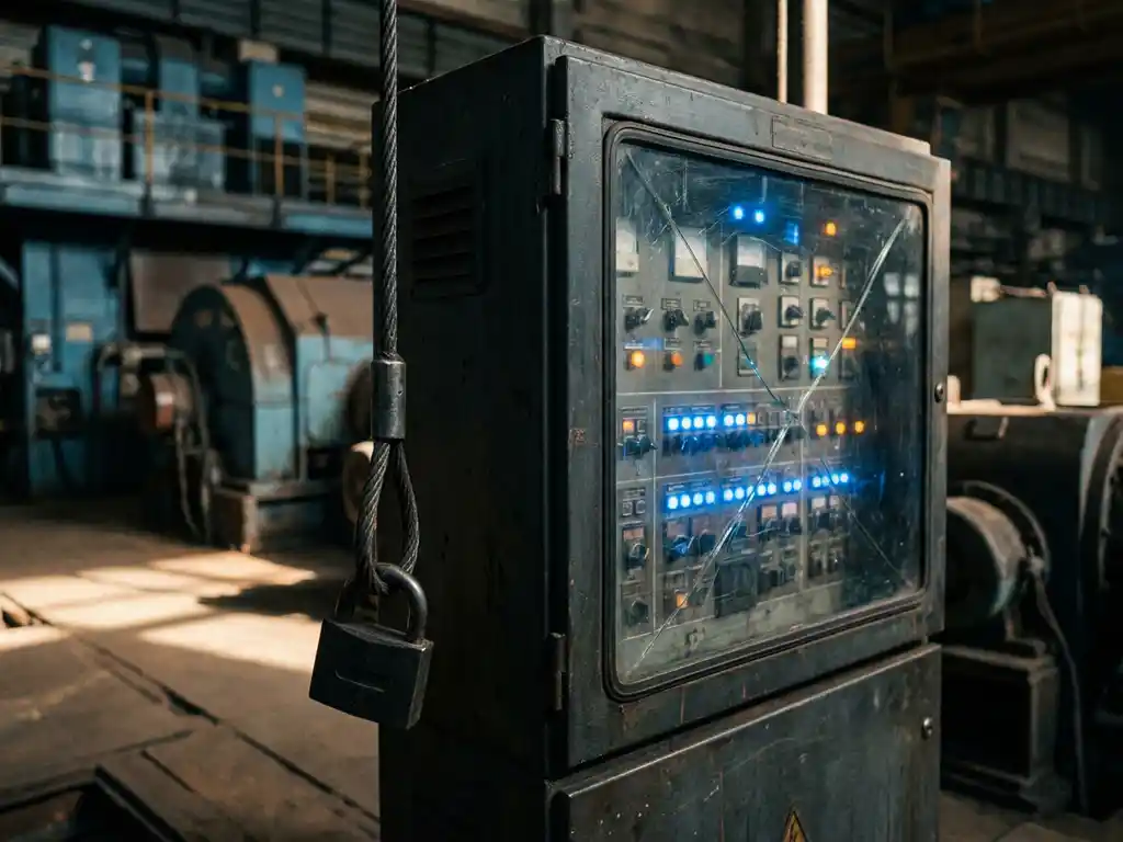 Industrielles Steuerungspanel mit leuchtenden Statusanzeigen hinter Sicherheitsglas, Vorhängeschloss an Stahlkabel im Vordergrund, Fabrikhalle unscharf im Hintergrund.