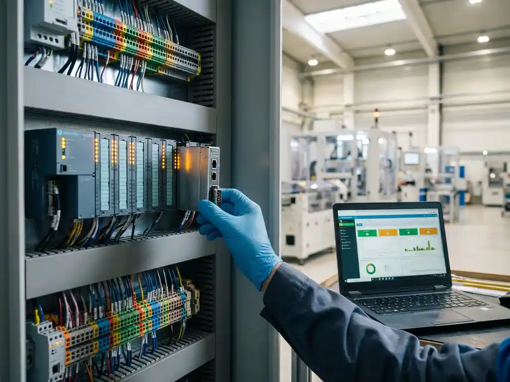 Techniker schließt kompaktes Industrial-Gateway an Schaltschrank mit SPS-Modulen an, Laptop mit Live-Dashboard im Hintergrund.