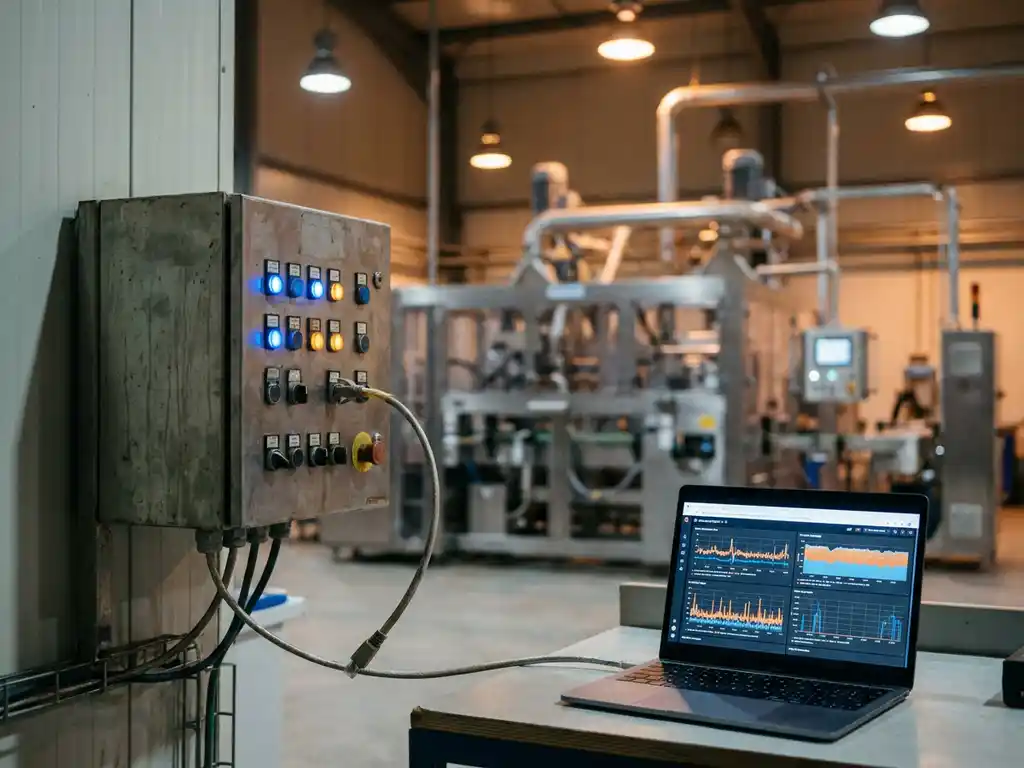 Industrielles Steuerungspanel mit blinkenden Status-LEDs, per Ethernet-Kabel mit Laptop verbunden, der Echtzeit-Sensordaten anzeigt, in moderner Fabrikumgebung.
