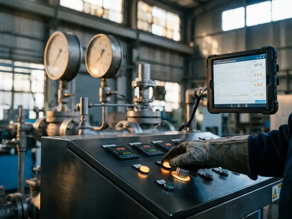 Techniker bedient industrielles Steuerungspanel mit Druckmessgeräten und Ventilsystemen, Tablet zeigt Live-Prozessdaten in moderner Fabrik.