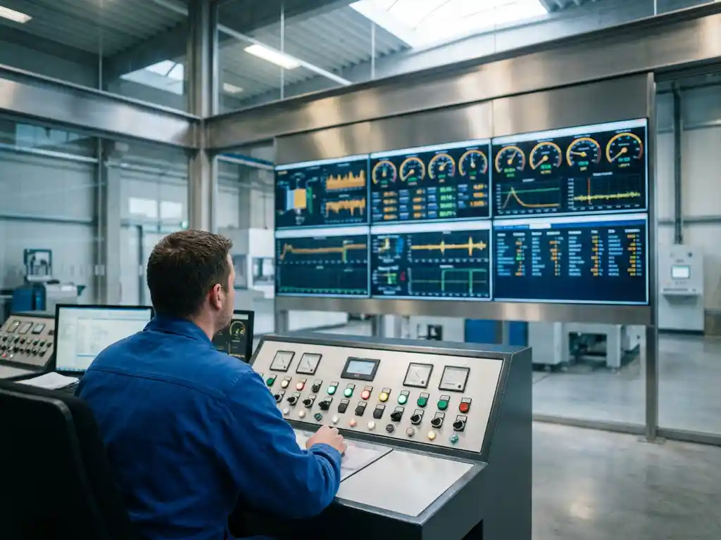 Techniker in modernem Industriekontrollraum überwacht Maschinendaten auf großem Wanddisplay, Schalttafel im Vordergrund.