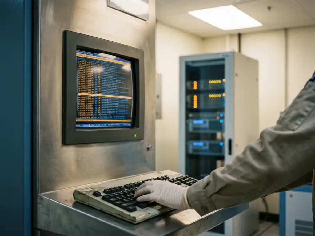 Techniker vor leuchtendem Industriemonitor mit Netzwerkzugriffsprotokoll in modernem Kontrollraum mit Serverrack im Hintergrund.