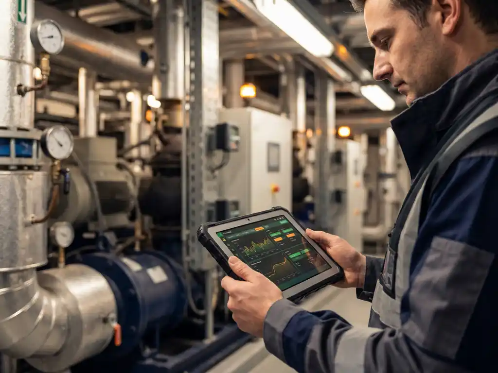 Techniker in Industrieanlage prüft Sensordaten auf robustem Tablet, Rohrleitungen und Kontrollpanel mit Bernsteinlichtern im Hintergrund.