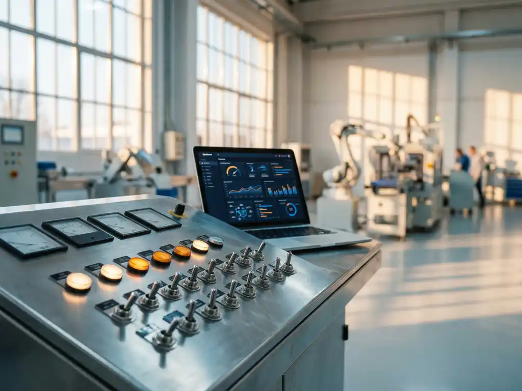 Industrielles Steuerungspanel mit Schaltern und Kontrollleuchten auf modernem Fabrikboden, daneben Laptop mit Prozess-Dashboard.