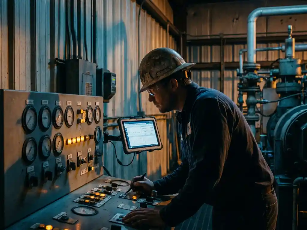 Techniker mit Schutzhelm analysiert industrielles Steuerungspanel mit Messgeräten, Tablet mit Echtzeit-Sensordaten im Hintergrund.
