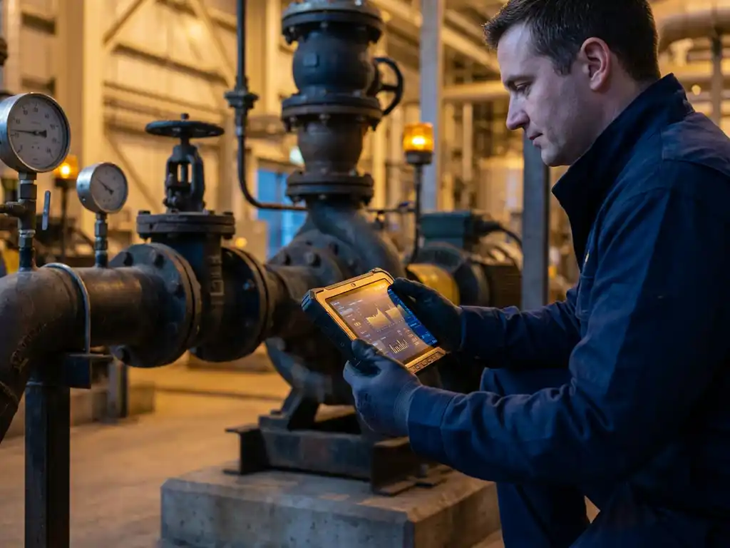 Wartungstechniker prüft Echtzeit-Maschinendaten auf robustem Tablet neben industrieller Pumpstation mit Rohren und Druckmessern.
