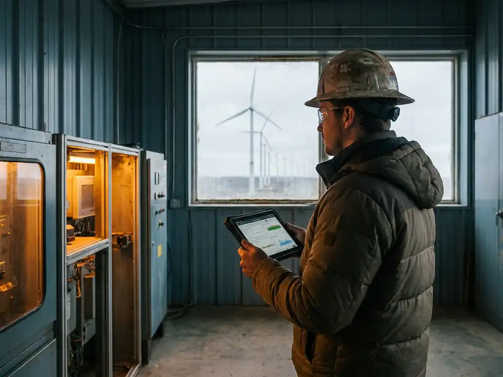 Techniker mit Schutzhelm überwacht Industrieanlagen auf Windpark, Turbinen im Hintergrund, Tablet mit Sensordaten in der Hand.