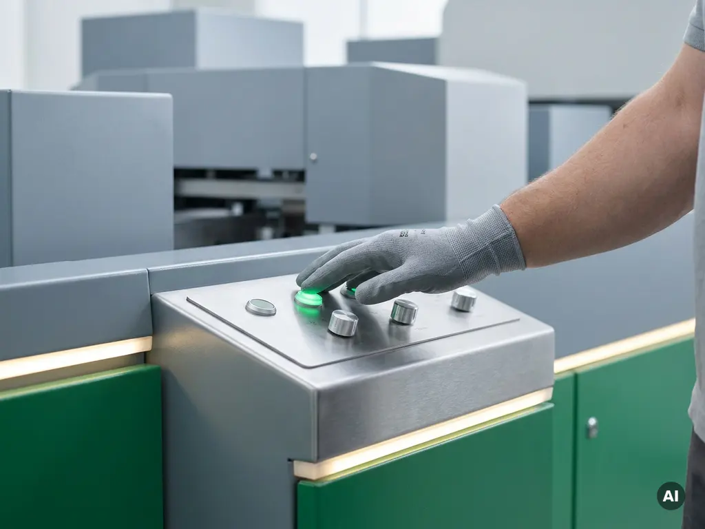Technikerhand über industriellem Bedienfeld mit grün leuchtender Statusanzeige und grauer Maschinerie im Hintergrund.