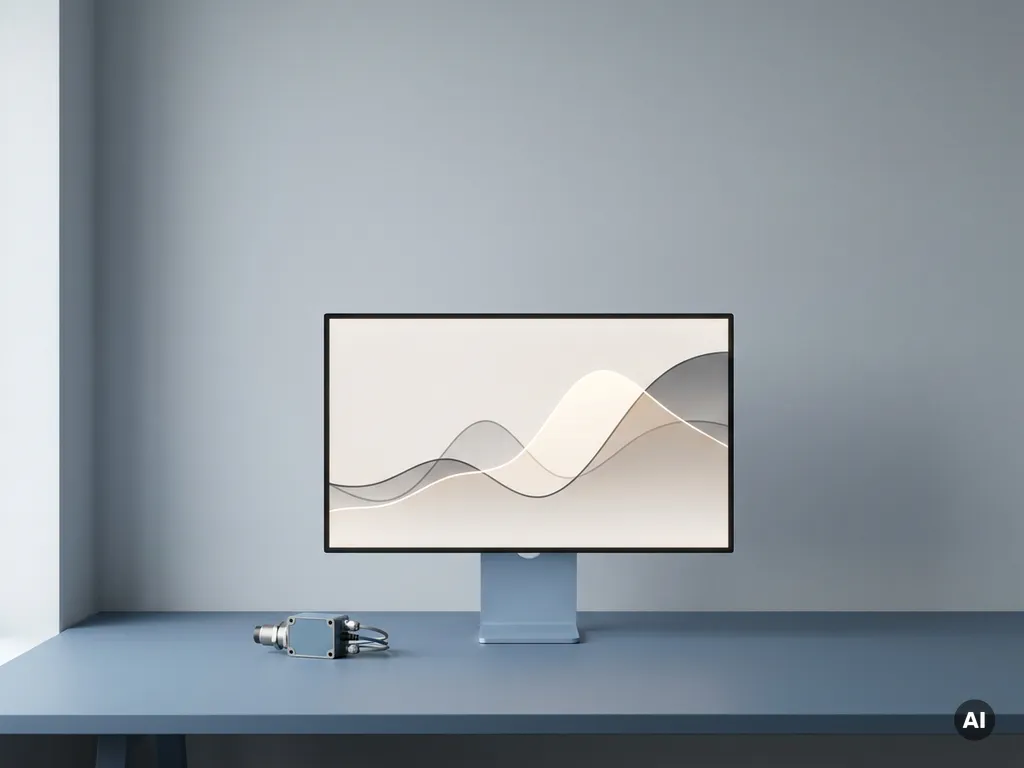 Glühender Monitor mit Echtzeit-Datenkurven neben einem Industrie-Sensormodul auf minimalem Schreibtisch in kühlem Schieferblau.
