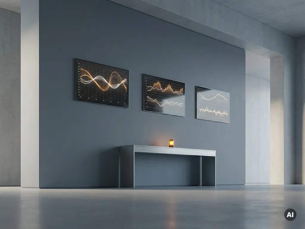 Industrieller Kontrollraum mit minimalistischen Displays und Echtzeit-Datenkurven, bernsteinfarbenes Statuslicht an grauer Wand.