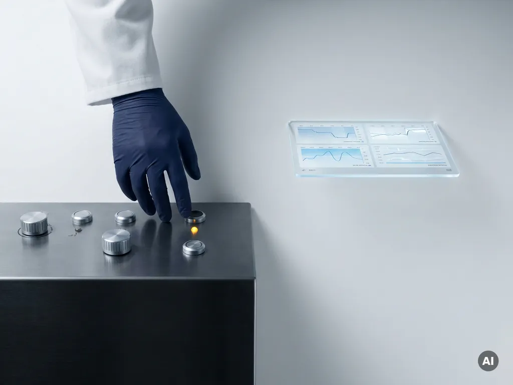 Techniker-Hand über industriellem Steuerungspanel, daneben Tablet mit Echtzeit-Prozessgraphen in Blau- und Silbertönen.