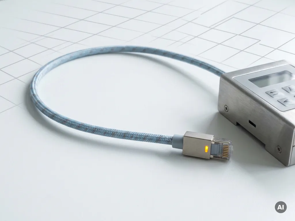 Ethernet-Kabel mit RJ45-Stecker neben einem industriellen Steuermodul auf weißer Fläche mit geometrischem Rastermuster.