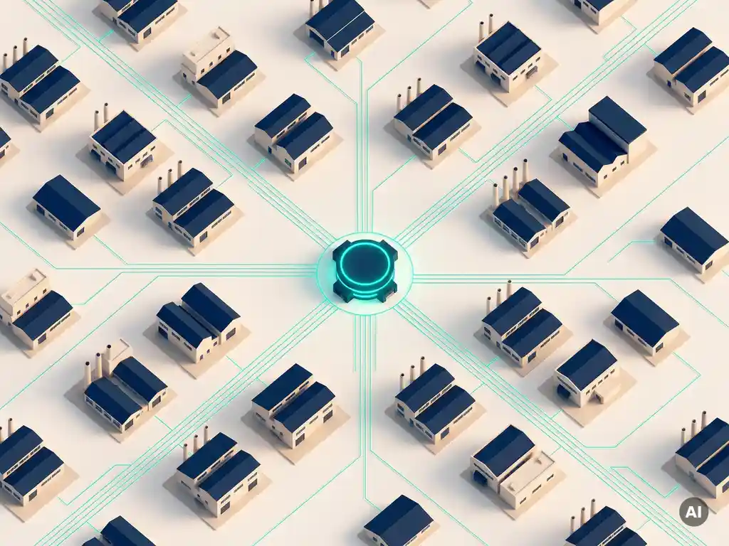 Fabriknetzwerk aus identischen Gebäuden mit geometrischen Linien, die zu einem leuchtenden zentralen Knotenpunkt führen, Draufsicht in Navy und Teal.