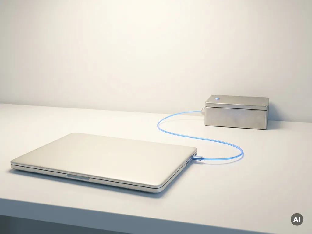 Laptop auf weißem Schreibtisch, verbunden mit industrieller Steuereinheit per leuchtendem Kabel – Remote-Zugriff in minimalistischer Umgebung.