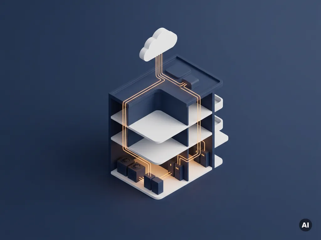 Isometrisches Gebäudequerschnitt-Diagramm mit leuchtenden Datenlinien von HLK- und Stromsystemen zur Cloud, in Marineblau und Weiß mit Bernsteinakzent.