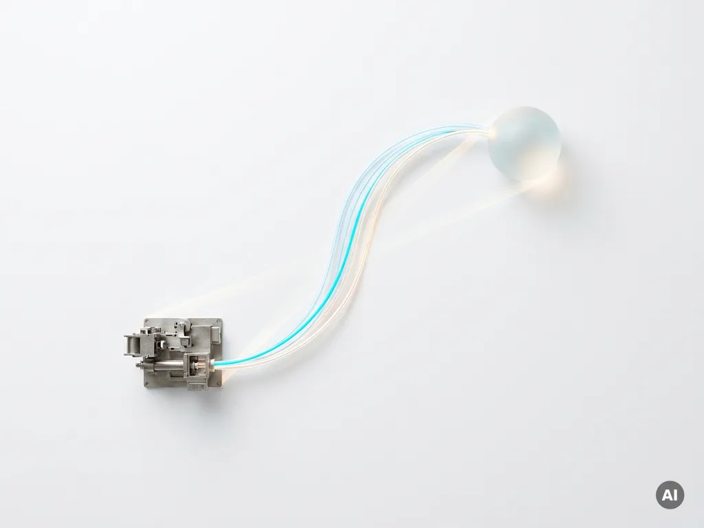 Leuchtende Glasfaserkabel verbinden eine Industriemaschine mit einer schwebenden Lichtkugel in minimalistischer Blau-Weiß-Komposition.