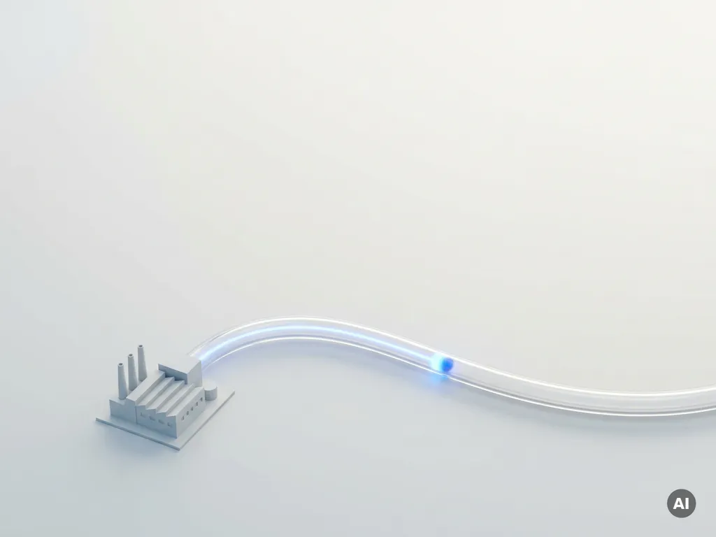 Glasfaserkabel überträgt Lichtsignal von einer Industrieanlage in die Ferne, Draufsicht, elektrisch blaues Licht auf weißem Hintergrund.
