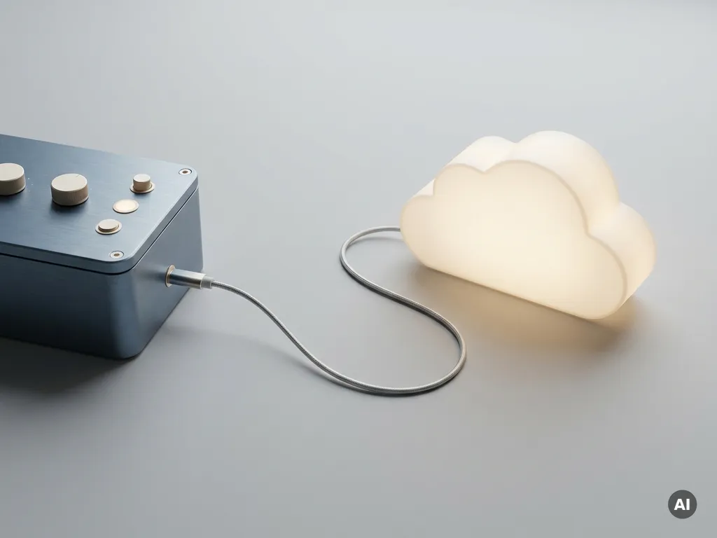 Industrielles Steuergerät mit Metallgehäuse, verbunden über ein Kabel mit einem geometrischen Cloud-Symbol auf hellgrauem Untergrund.