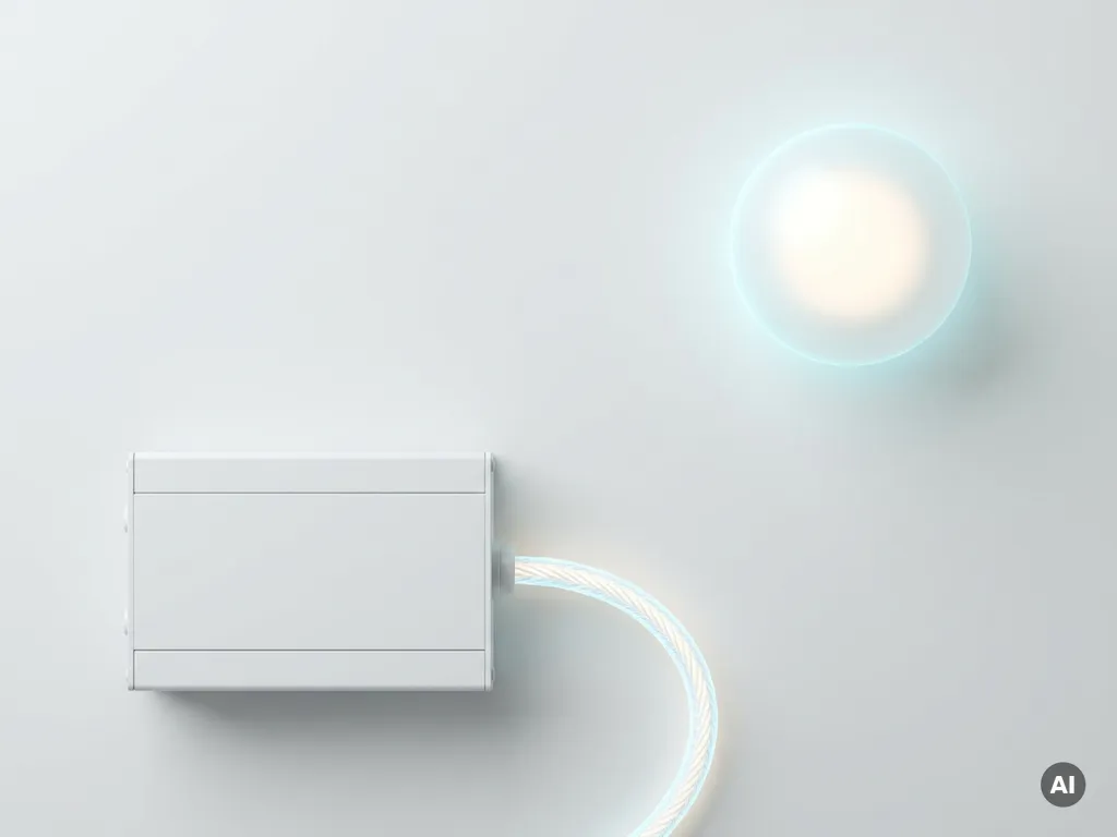 Weißes Industriesteuergerät auf grauer Fläche mit leuchtendem Kabel, das zu einem schwebenden Lichtorb führt, in minimalistischer Draufsicht.