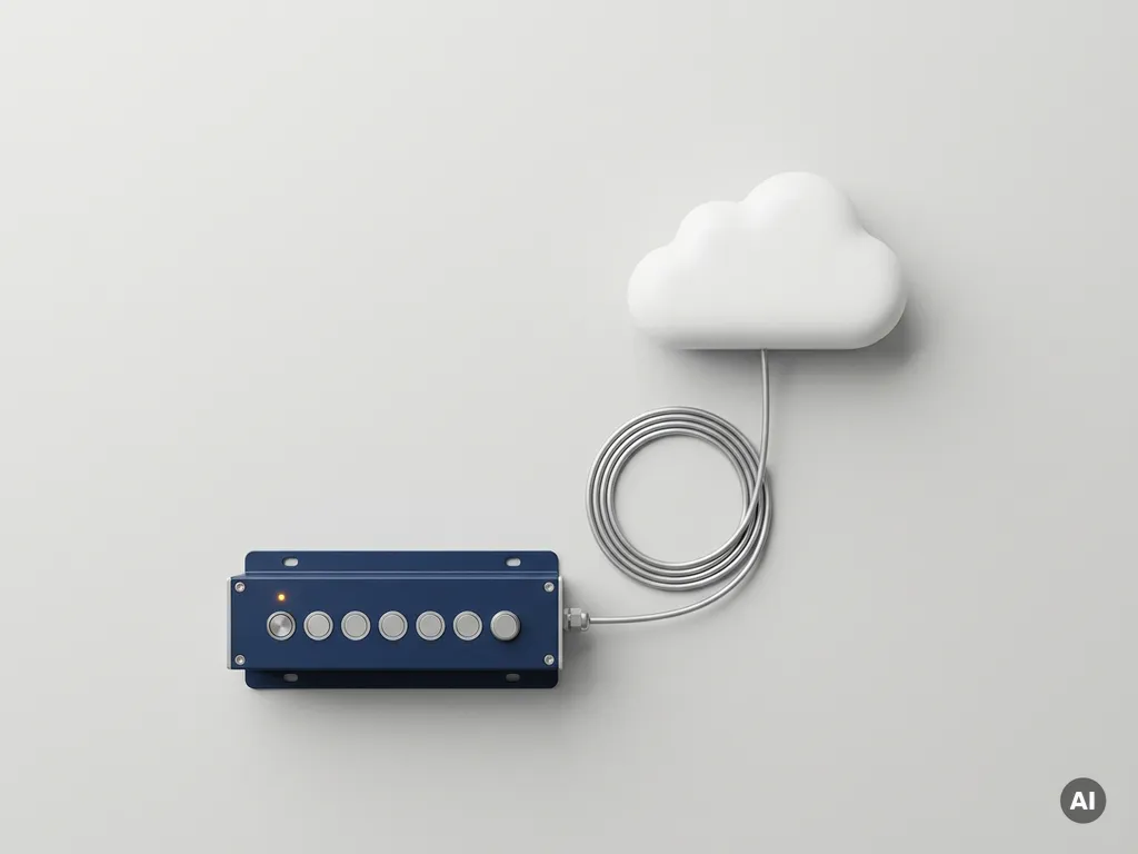 Industrielle Steuereinheit verbunden per Kabel mit einer schwebenden Cloud-Form, minimalistisches Flat-Lay in Marineblau und Silber.