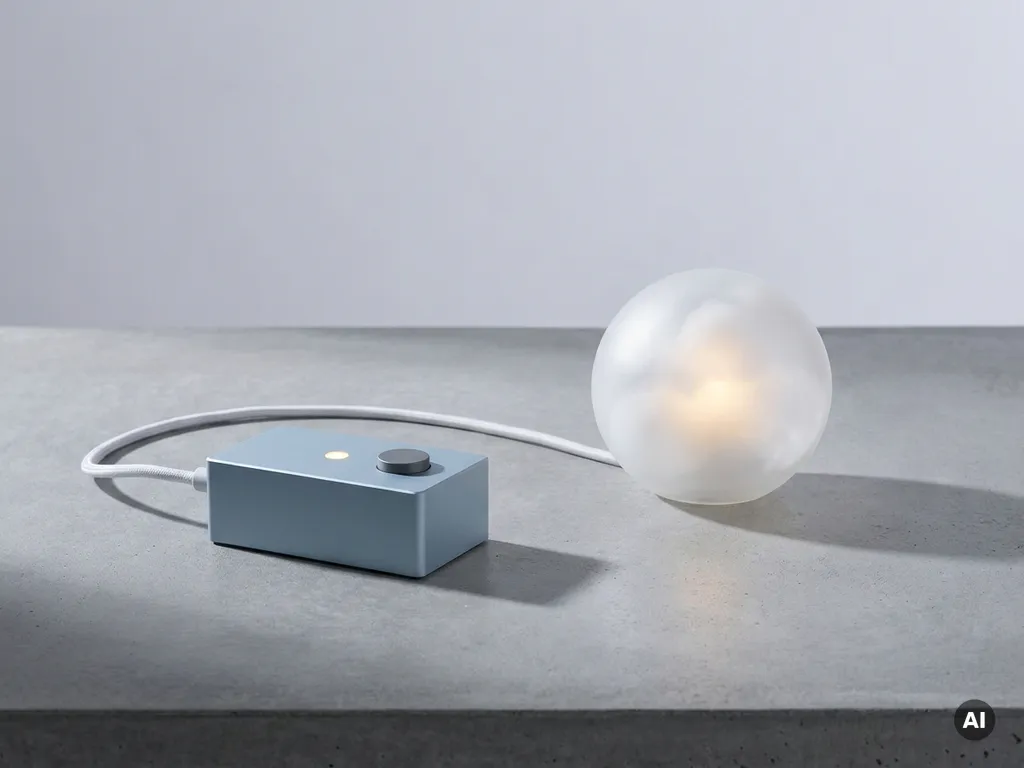 Industrielle Steuereinheit verbunden per Kabel mit einer Wolke aus Milchglas auf grauer Betonoberfläche, minimalistisches IIoT-Konzept.