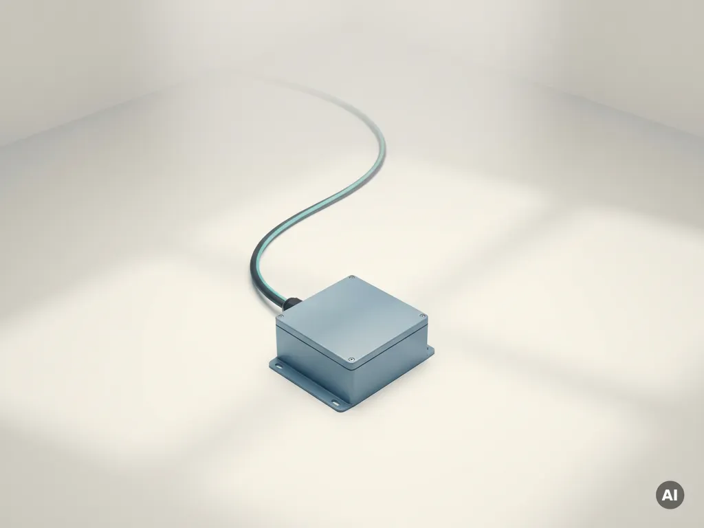 Einzelnes Kabel eines Industriecontrollers, das elegant in helles, offenes Weiß aufgeht, mit geometrischen Schatten in Stahlblau und Türkis.