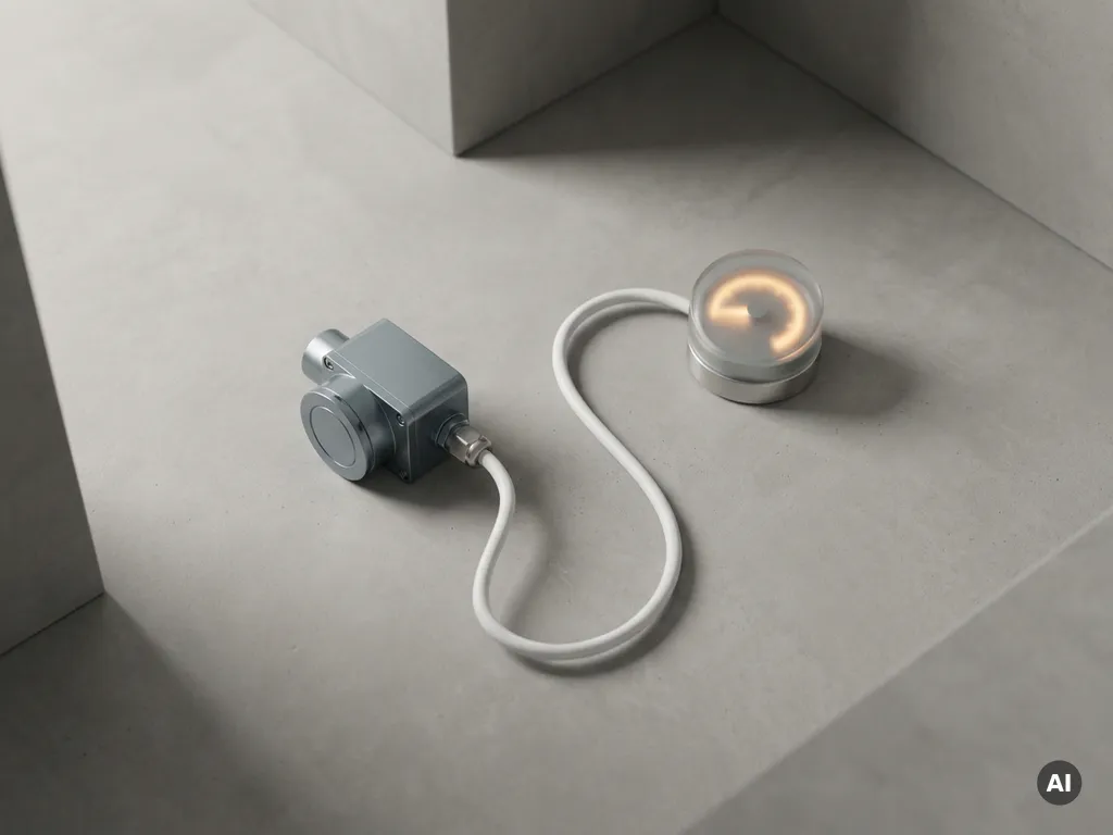 Industrieller Sensor mit Kabel verbunden zu einem minimalistischen Dashboard-Display auf Betonoberfläche, Draufsicht.