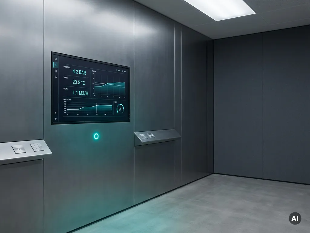 Industrielles Kontrollraum-Dashboard mit leuchtenden Datenmetriken auf wandmontiertem Monitor, tealfarbenem Statuslicht und minimalistischem Design.