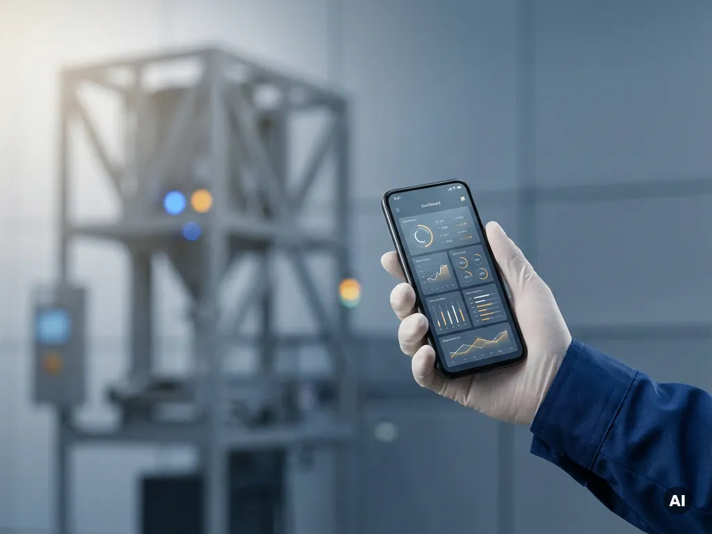 Techniker hält Smartphone mit industriellem Live-Dashboard, moderne Fabrikmaschine unscharf im Hintergrund.