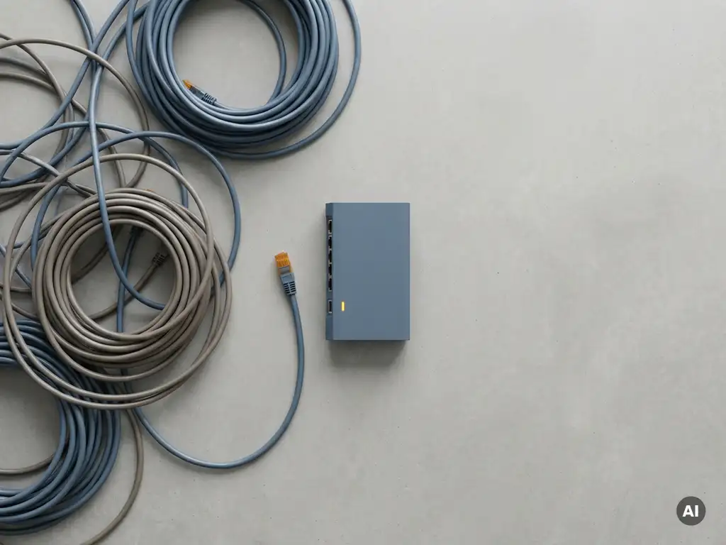 Lose aufgerollte Industrie-Ethernet-Kabel auf Betonboden, ein Kabel vom modernen Gateway-Gerät getrennt.