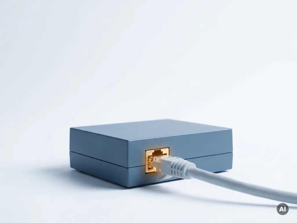 Kompaktes industrielles Gateway-Gerät mit Ethernet-Kabel auf weißer Oberfläche, symbolisiert sichere Remote-Konnektivität.