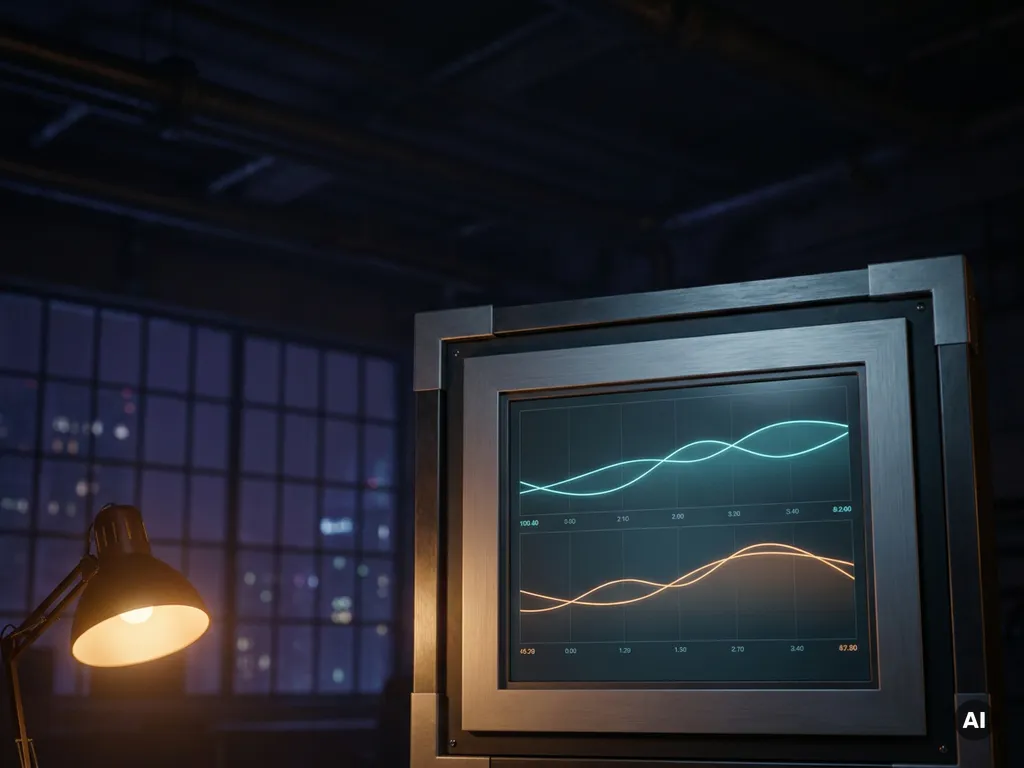 Leuchtender Industriemonitor mit Echtzeit-Datenkurven in dunkler Anlage bei Nacht, Stadtlichter im Hintergrund, minimalistisches Design.