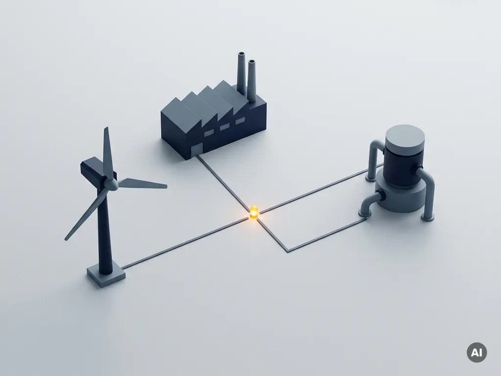 Miniatur-Industrieanlagen — Windturbine, Fabrik und Pumpstation — durch Linien mit einem zentralen Knotenpunkt verbunden, Vogelperspektive.